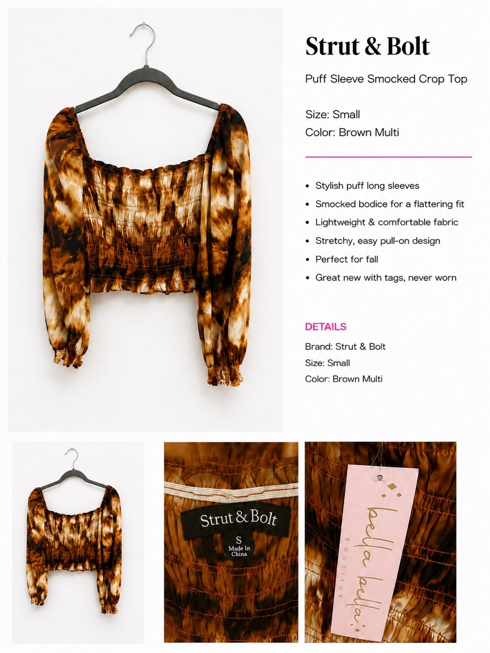 Strut & Bolt Brown Tie-Dye Smocked Puff Sleeve Crop Top